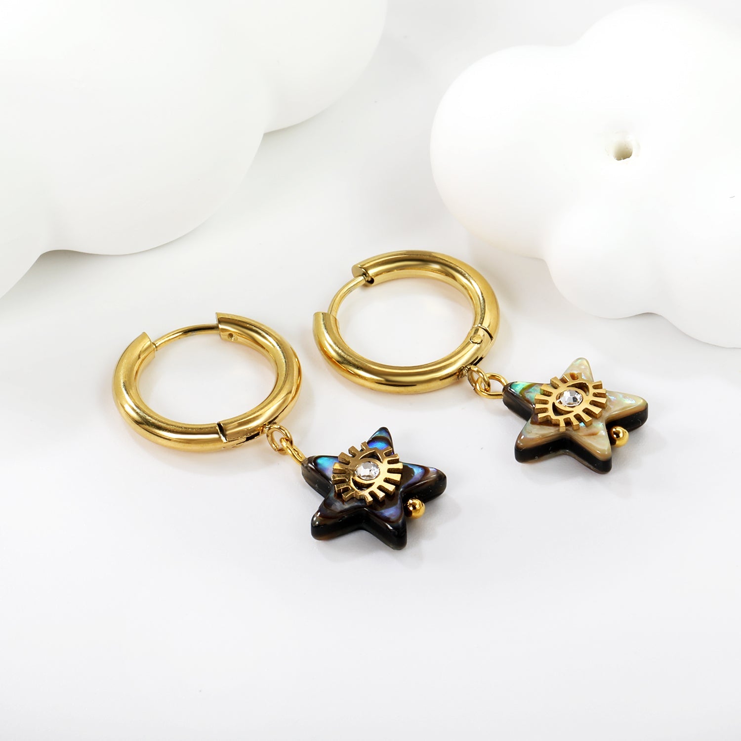 2.5*12.2mm circle +13.2mm star-shaped abalone shell with eyes white diamond earrings gold color asonjewelry