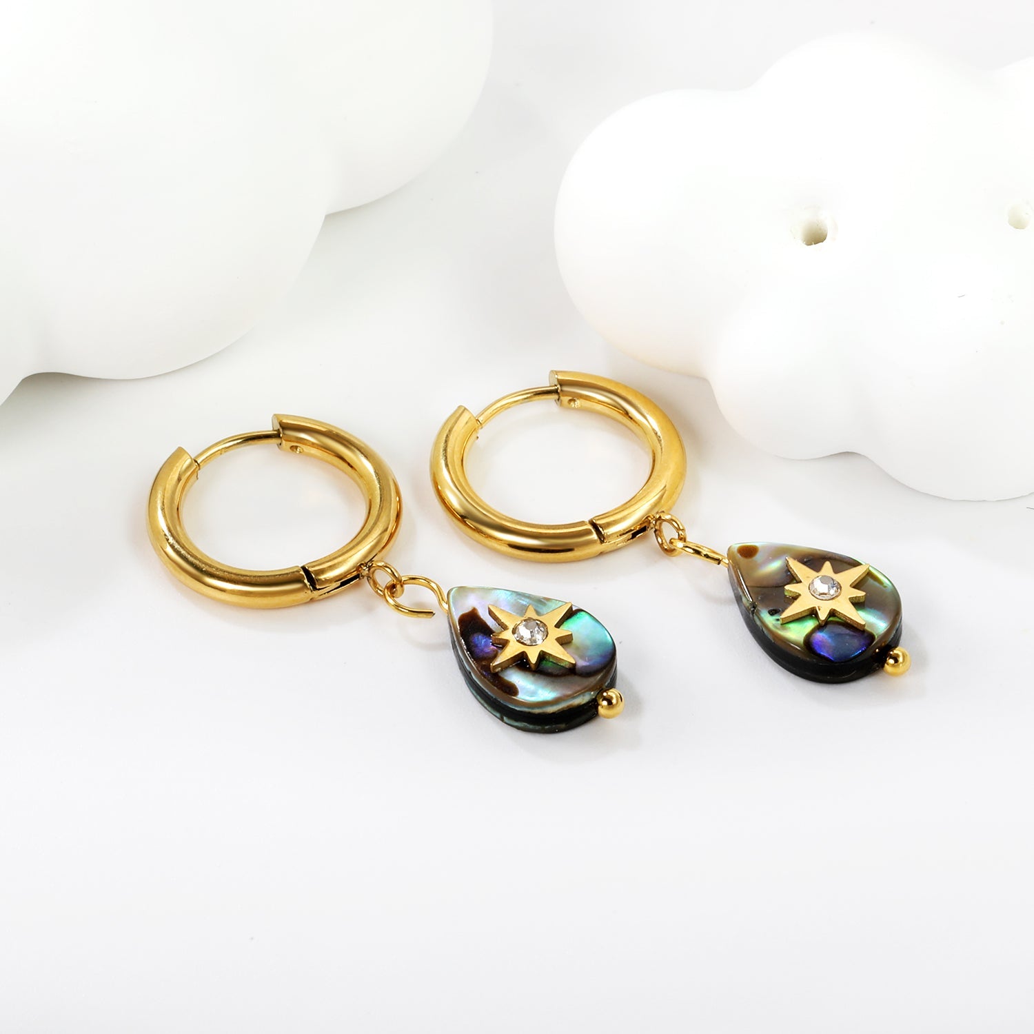 2.5*12.2mm circle + 9.3*13mm teardrop abalone shell with octopus white diamonds earrings Gold color asonjewelry
