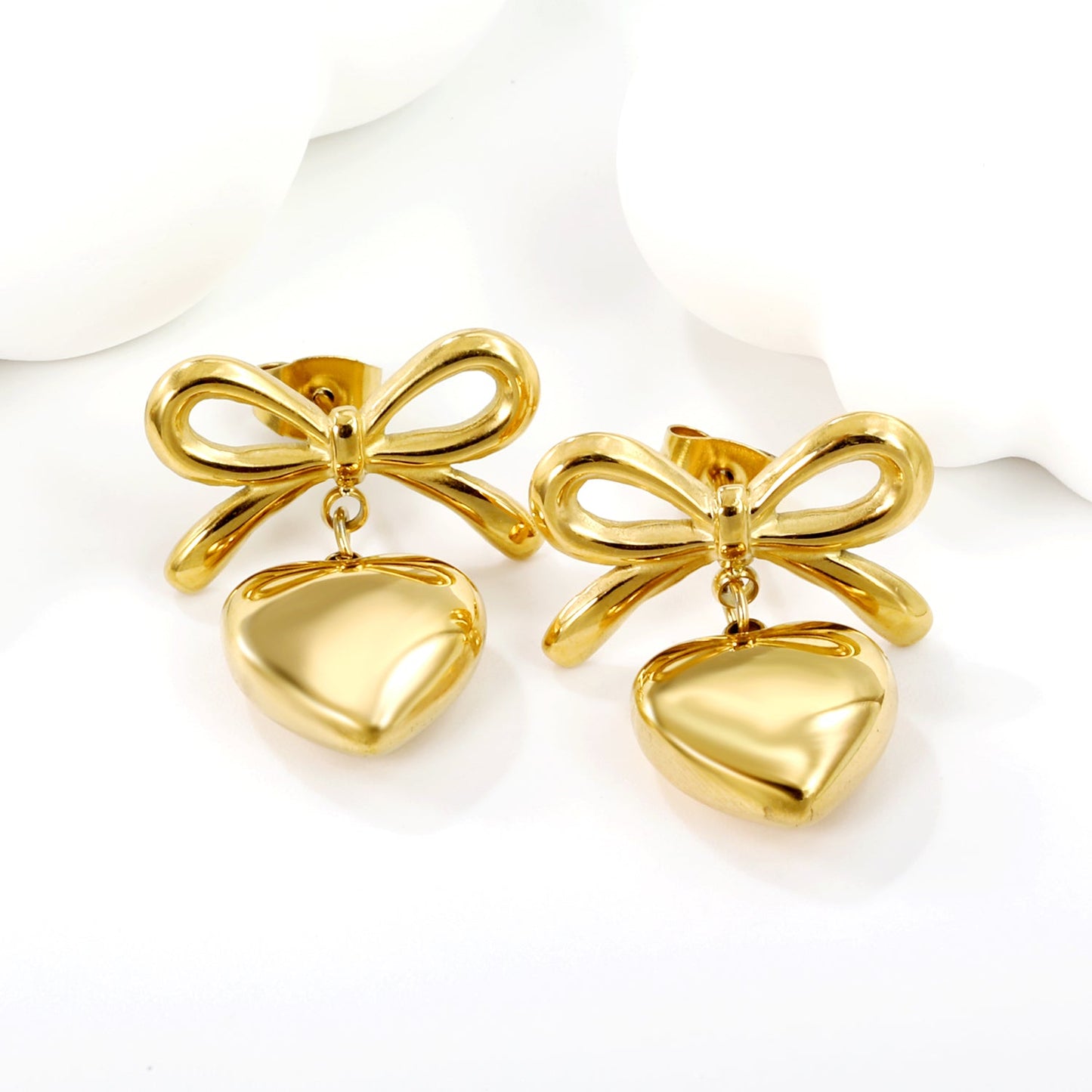 19.7*12.4mm Bow+13mm Heart Stud Earrings Gold Color asonjewelry