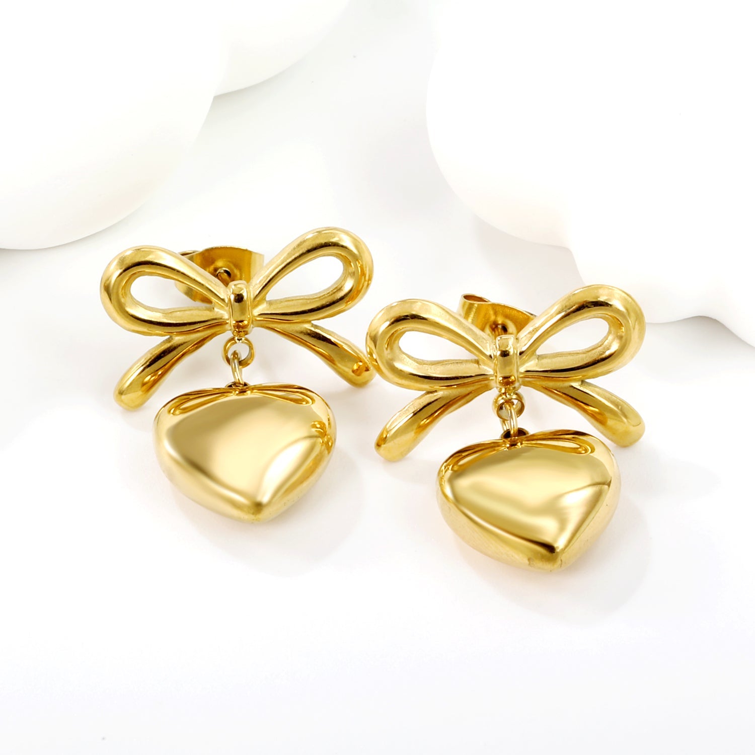 19.7*12.4mm Bow+13mm Heart Stud Earrings Gold Color asonjewelry