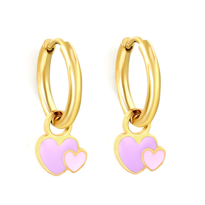 2*10mm circle + 8.4*10mm big heart with pink and purple drop earrings gold color asonjewelry
