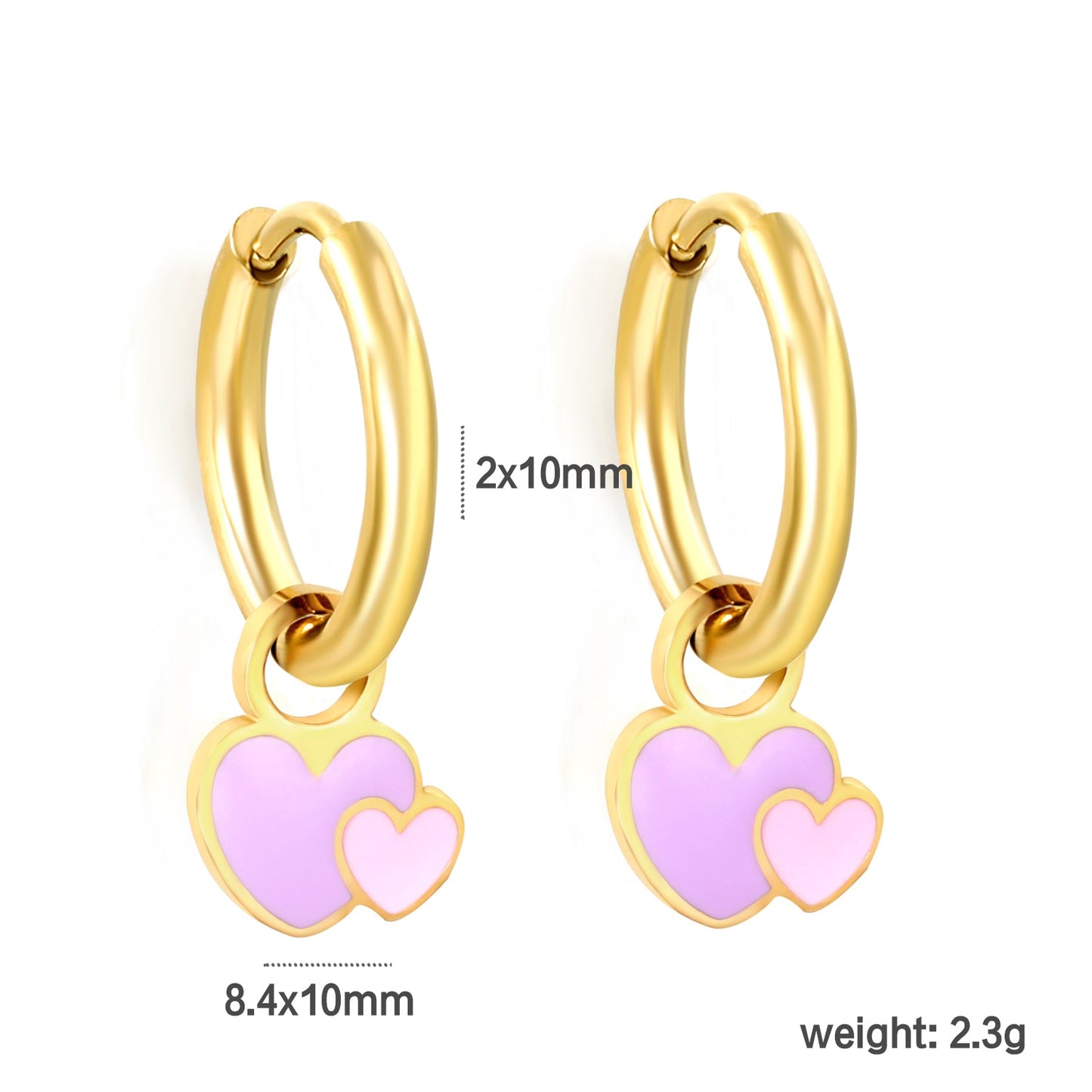 2*10mm circle + 8.4*10mm big heart with pink and purple drop earrings gold color asonjewelry