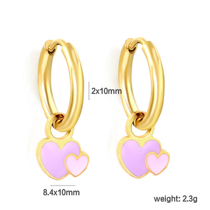 2*10mm circle + 8.4*10mm big heart with pink and purple drop earrings gold color asonjewelry