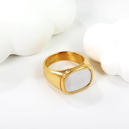 Cast Crafted Sticky White Oversized Shell Ring Square Gold Polished Stainless Steel Ring Wholesale asonjewelry