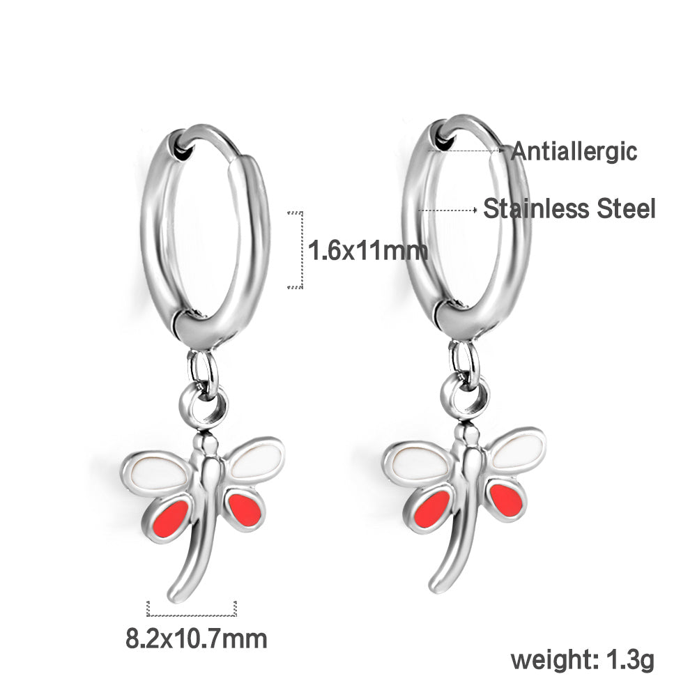 1.6x11mm circle with dragonfly white + red oil drop earrings asonjewelry