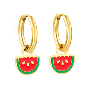 2*10mm circle + 9*10.6mm watermelon with red drop earrings gold color