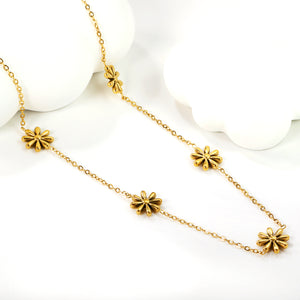 5 9mm three-dimensional six-petal flower necklace 40+5cm+6mm round plate Gold color