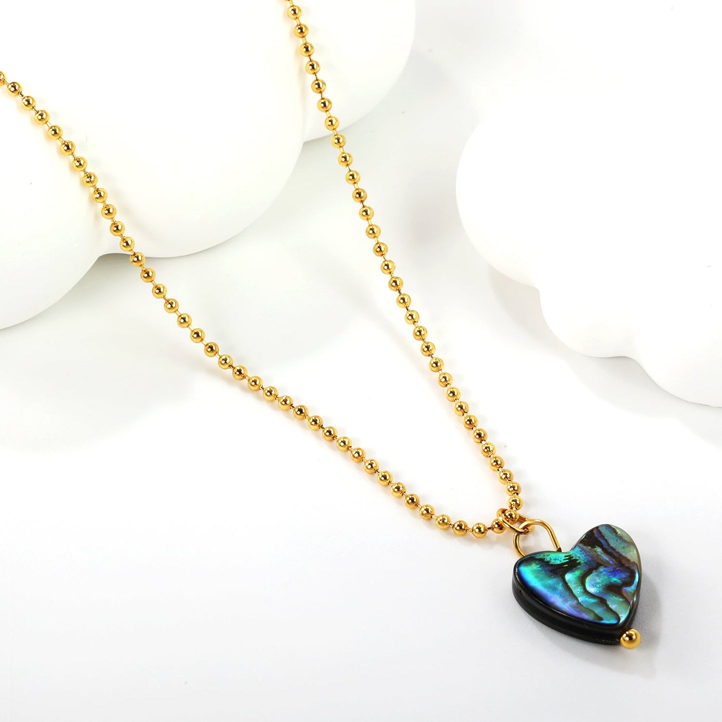 12.2*11.5mm heart-shaped abalone shell pendant necklace 1.5mm*45+5cm+6mm round plate Gold color asonjewelry