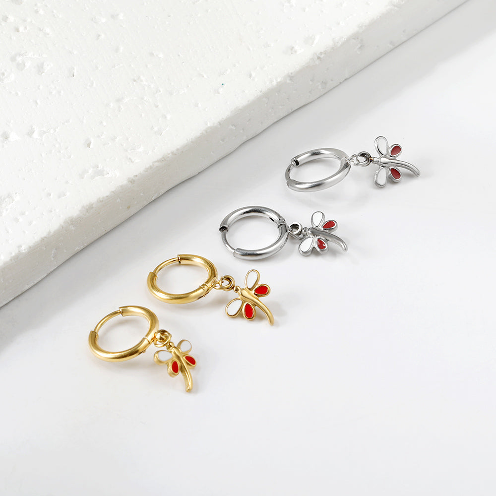 1.6x11mm circle with dragonfly white + red oil drop earrings asonjewelry