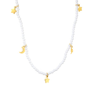 2*6.8mm Lightning + 4*6.5mm Moon + 4.3*6mm Pentagram Accessories + 2mm White/Mineral Black Beads Necklace 40+5cm+6mm Round Plaque Gold Color