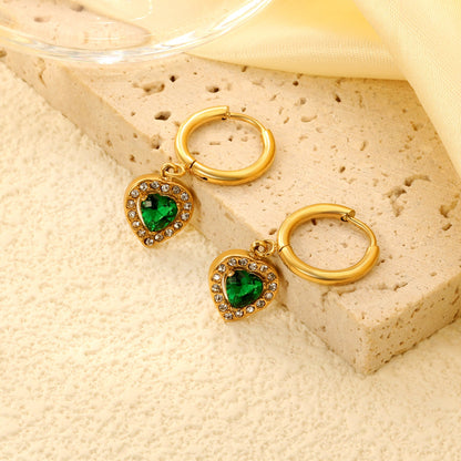 Heart shape with a circle of white diamonds + green diamonds earrings gold color asonjewelry
