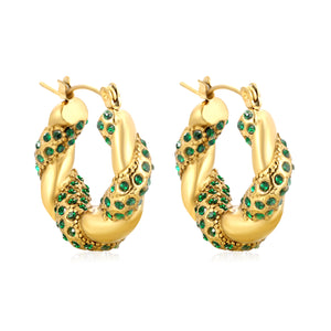 24.4*21.4mm irregular rattan U-shaped earrings with white diamonds/emerald diamonds sticking Gold color