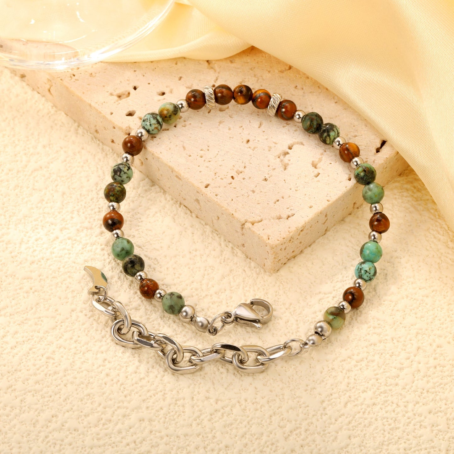 About 4.7mm mixed color round beads + 2.9mm round steel beads 18+5cm end chain + 4.6*7.4 crescent moon tail plate bracelet steel color asonjewelry