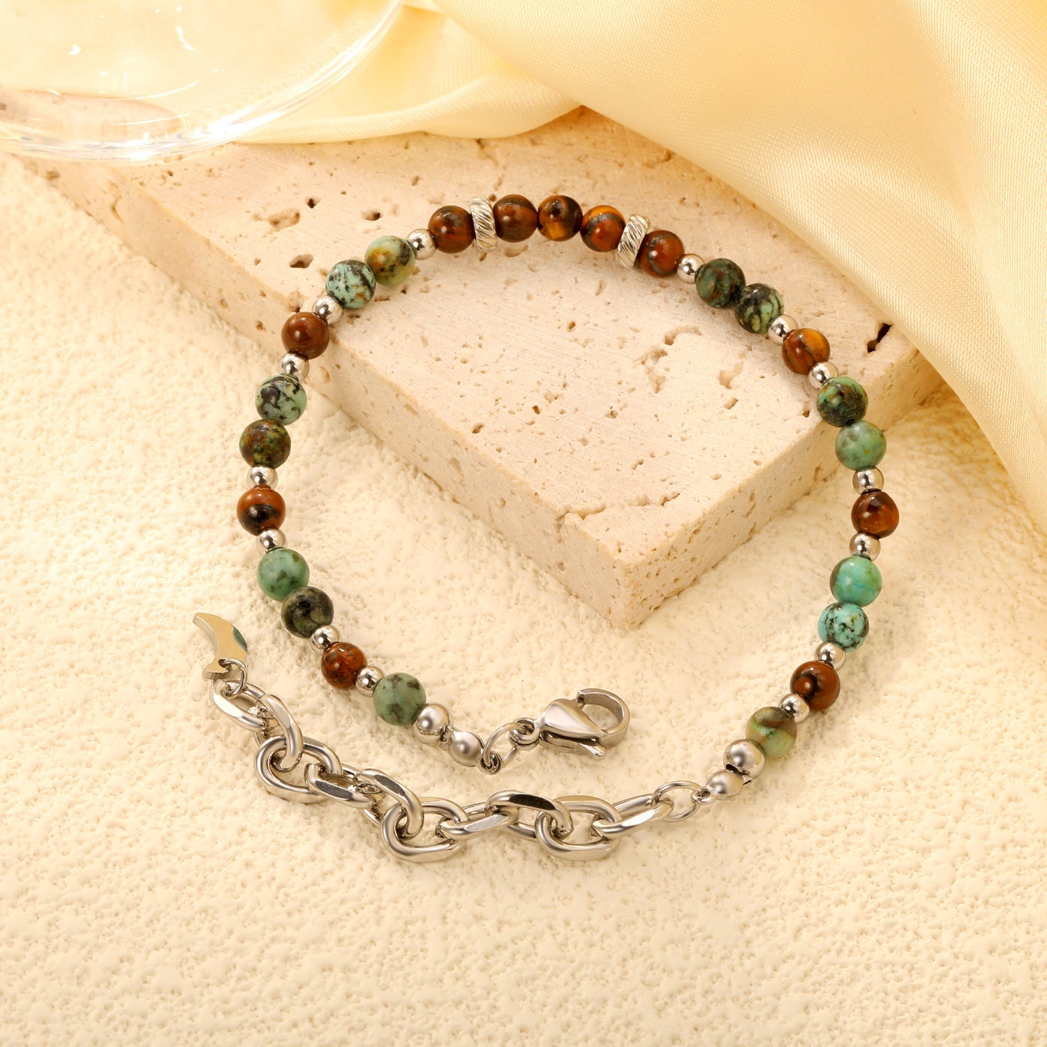 About 4.7mm mixed color round beads + 2.9mm round steel beads 18+5cm end chain + 4.6*7.4 crescent moon tail plate bracelet steel color asonjewelry