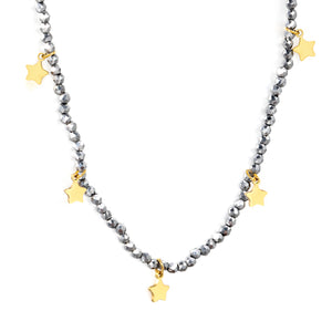4.3*6mm pentagram accessories +2mm white/mineral black beads necklace 40+5cm+6mm round plate Gold color