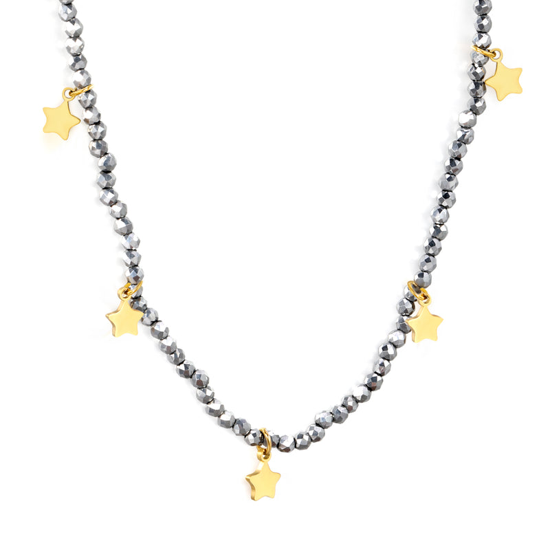 4.3*6mm pentagram accessories +2mm white/mineral black beads necklace 40+5cm+6mm round plate Gold color