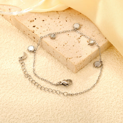 5.9mm three round white shells + 4mm two cylindrical with white diamonds accessories 18 + 5cm end chain + 4.6 * 7.4 crescent tail plate bracelet steel color asonjewelry