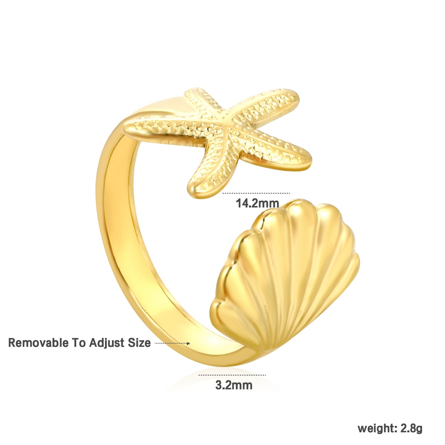 2-Piece Gold Ocean Ring Set: Starfish, Shell & Double Starfish Designs asonjewelry