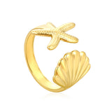 2-Piece Gold Ocean Ring Set: Starfish, Shell & Double Starfish Designs