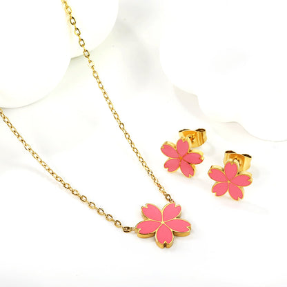 10mm cherry blossom with pink oil drop earrings + 12.5mm pendant set cross 0.3mm*45+5cm+6mm round plate steel color / gold color asonjewelry