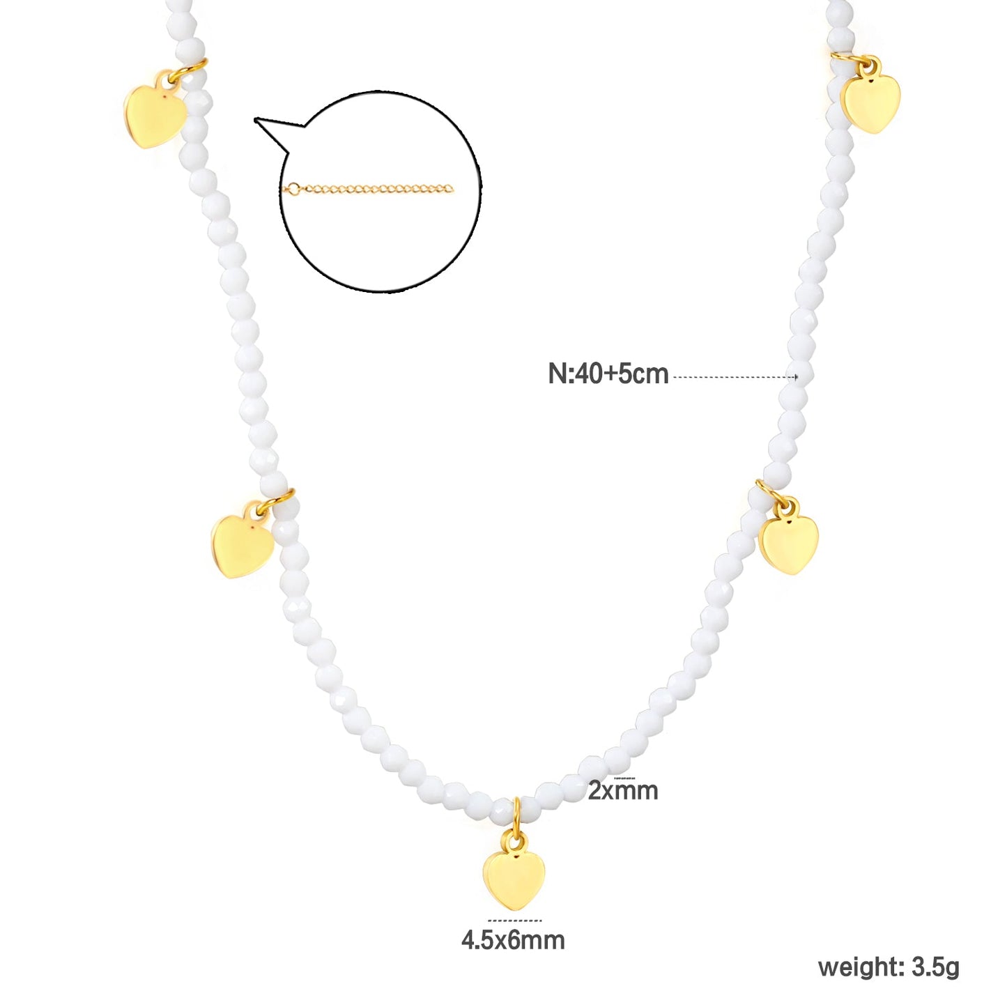 4.5*6mm Peach Heart Accessories +2mm White/Mineral Black Beads Necklace 40+5cm+6mm Round Plaque Gold Color asonjewelry