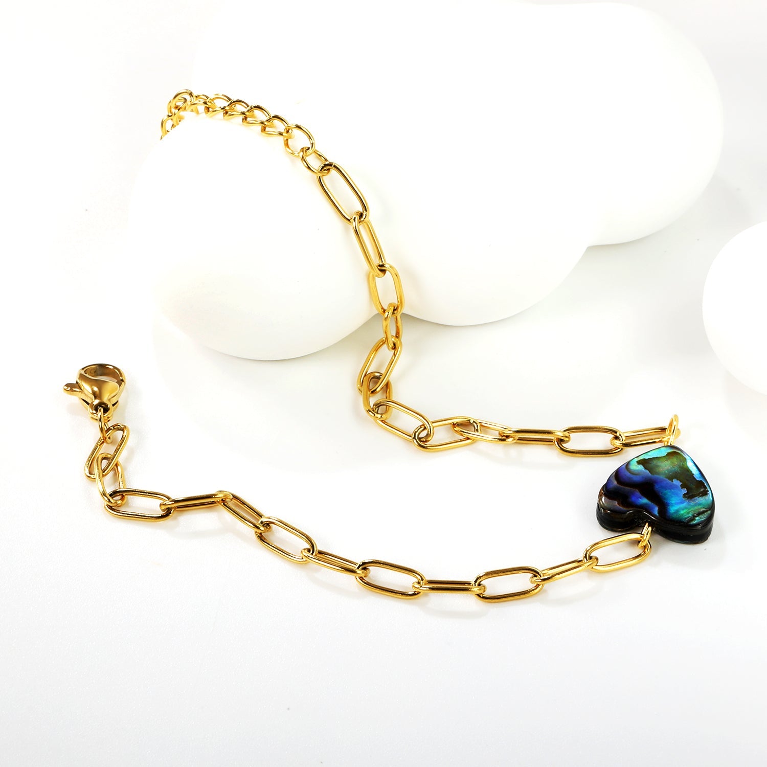 12.2*11.5mm Heart Shaped Abalone Shell Bracelet 0.8mm*17+3cm+6mm Round Plaque GOLDEN asonjewelry