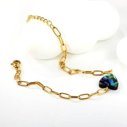 12.2*11.5mm Heart Shaped Abalone Shell Bracelet 0.8mm*17+3cm+6mm Round Plaque GOLDEN asonjewelry
