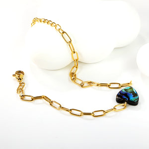 12.2*11.5mm Heart Shaped Abalone Shell Bracelet 0.8mm*17+3cm+6mm Round Plaque GOLDEN