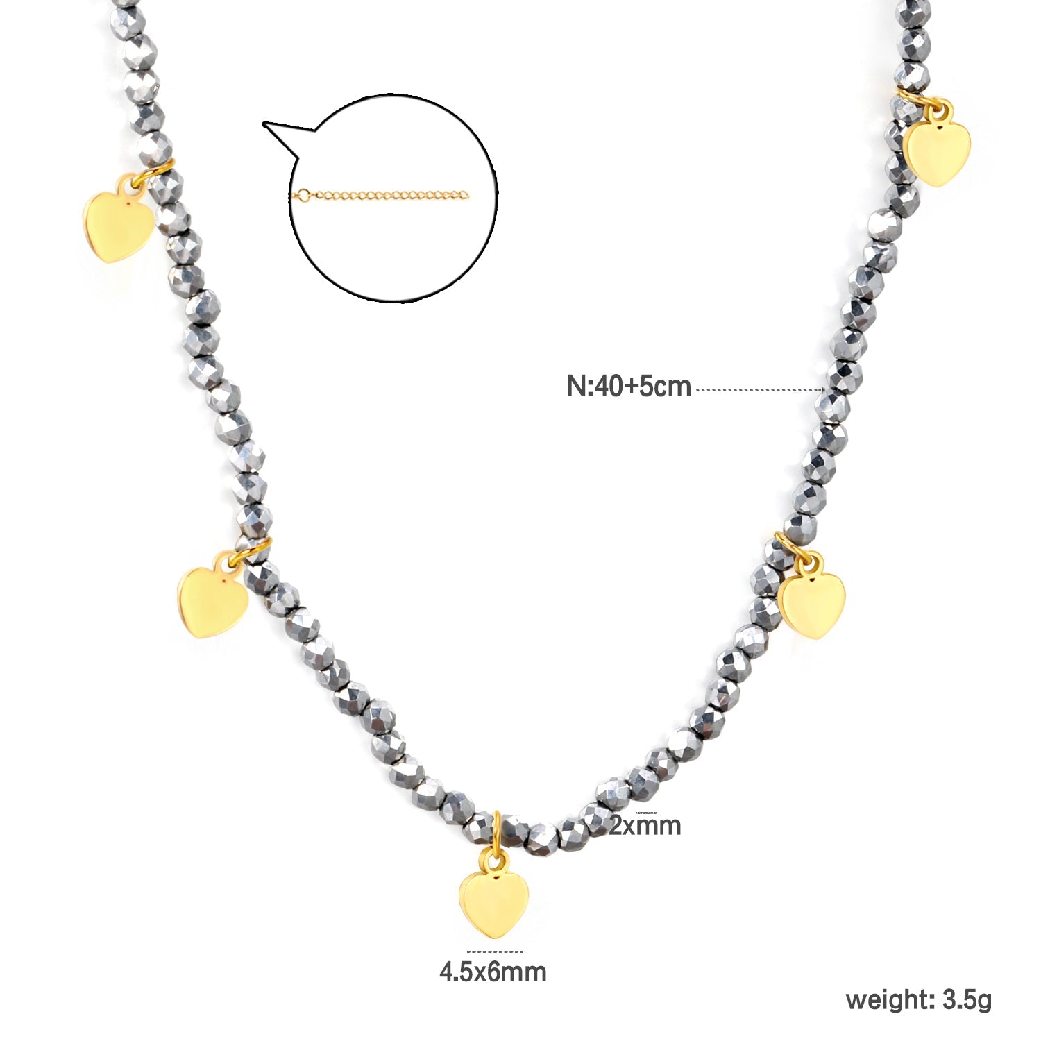 4.5*6mm Peach Heart Accessories +2mm White/Mineral Black Beads Necklace 40+5cm+6mm Round Plaque Gold Color asonjewelry