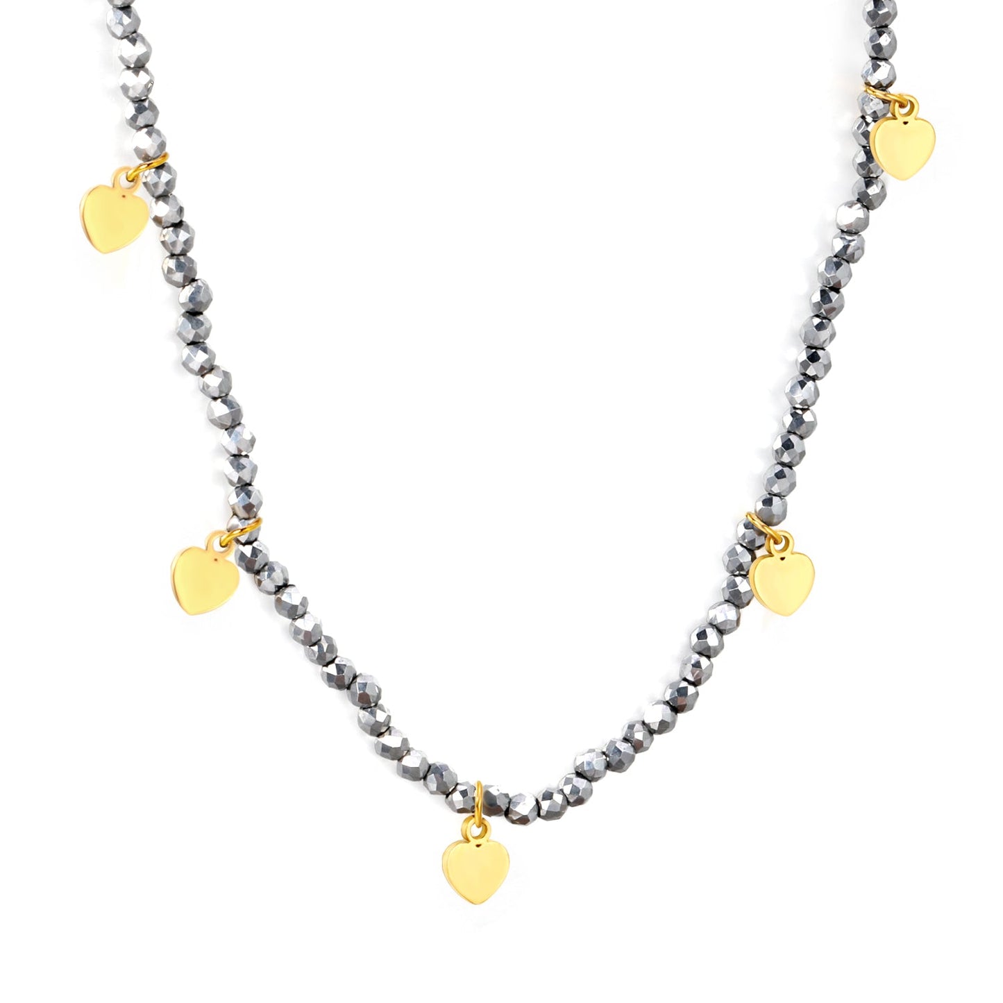 4.5*6mm Peach Heart Accessories +2mm White/Mineral Black Beads Necklace 40+5cm+6mm Round Plaque Gold Color asonjewelry