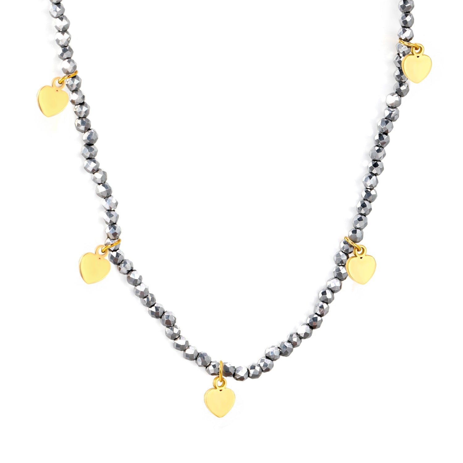 4.5*6mm Peach Heart Accessories +2mm White/Mineral Black Beads Necklace 40+5cm+6mm Round Plaque Gold Color asonjewelry