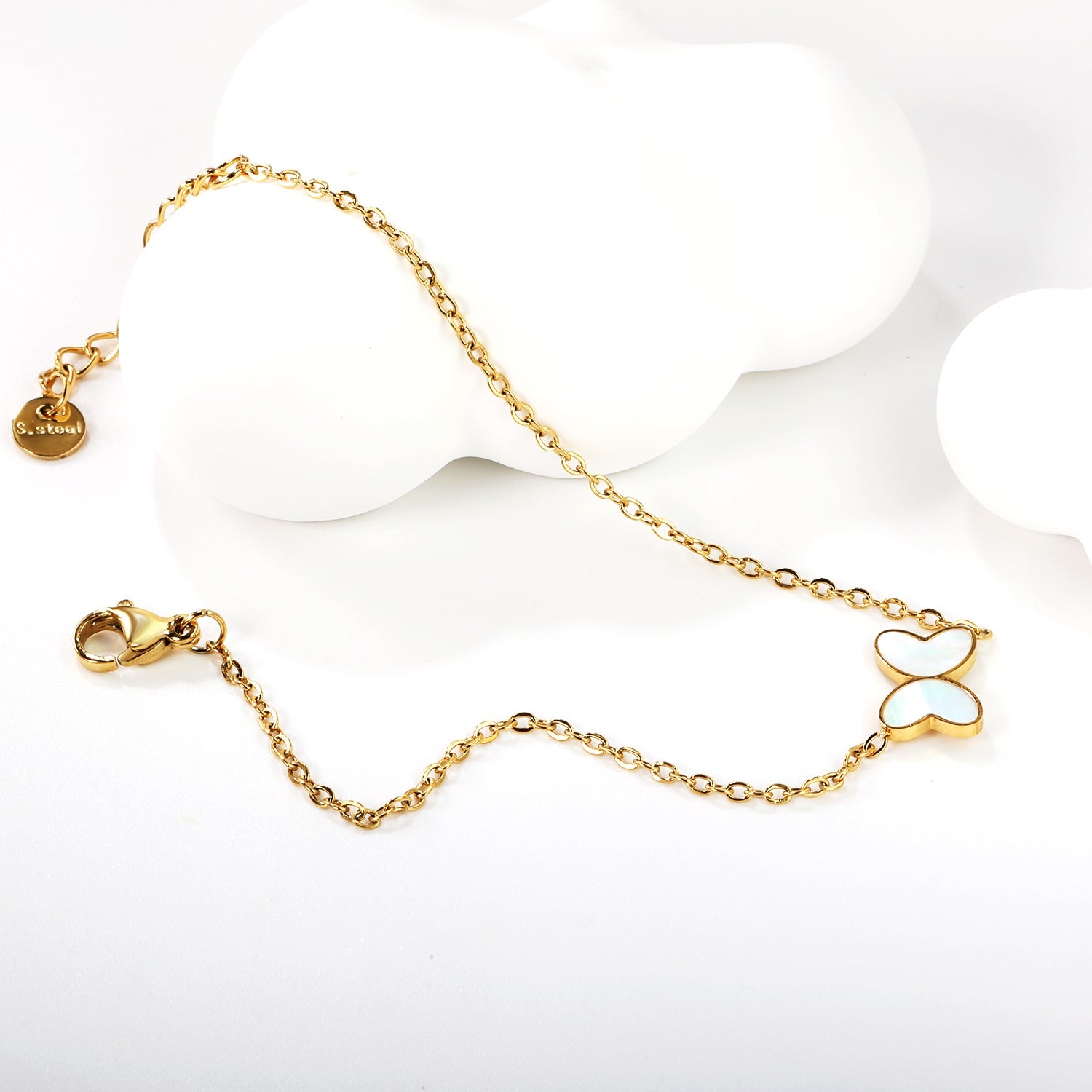 11.2*8mm Butterfly with White Shell/Black Yak/Pink Shell/Green Drip Oil Bracelet Cross Chain 0.4mm*17+3cm+6mm Round Tail Plaque Gold Color asonjewelry