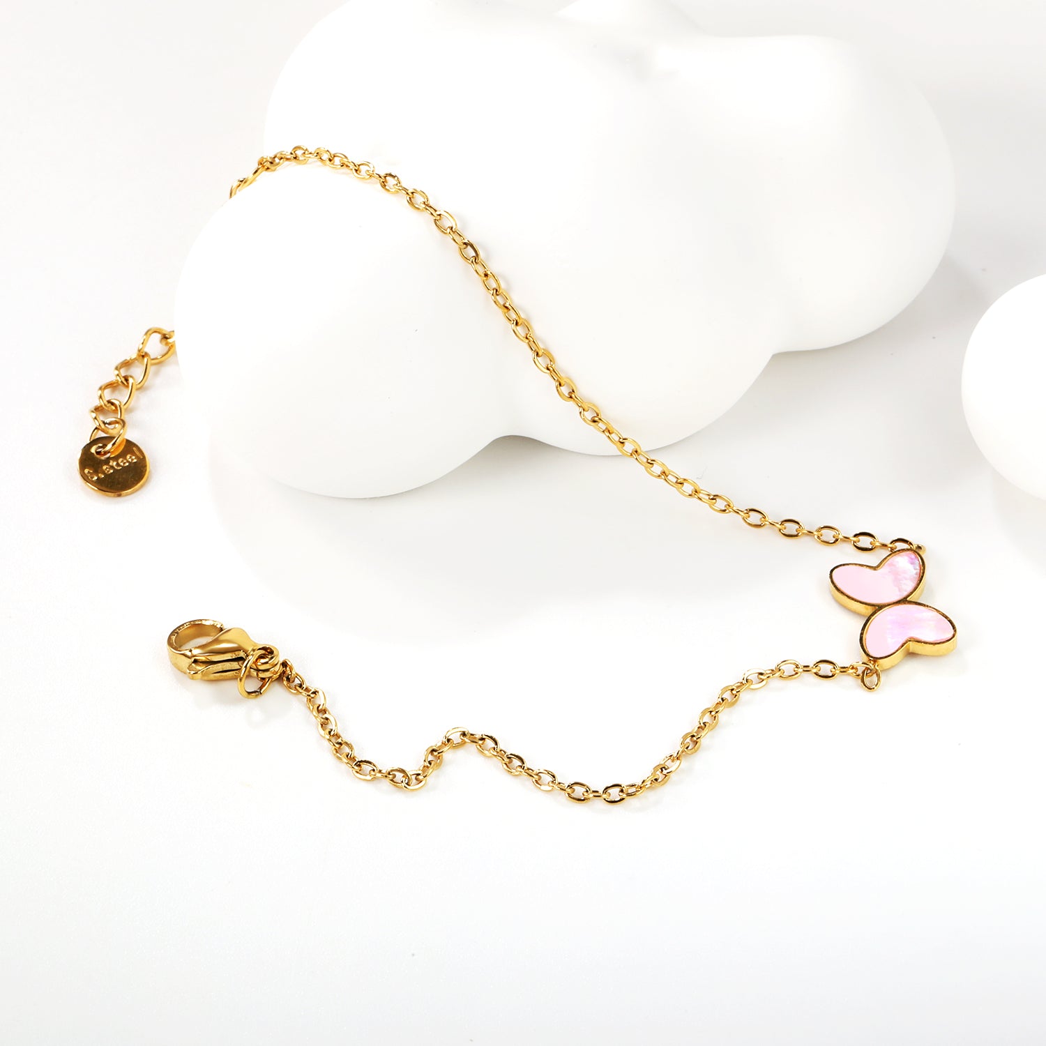 11.2*8mm Butterfly with White Shell/Black Yak/Pink Shell/Green Drip Oil Bracelet Cross Chain 0.4mm*17+3cm+6mm Round Tail Plaque Gold Color asonjewelry