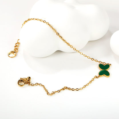 11.2*8mm Butterfly with White Shell/Black Yak/Pink Shell/Green Drip Oil Bracelet Cross Chain 0.4mm*17+3cm+6mm Round Tail Plaque Gold Color asonjewelry