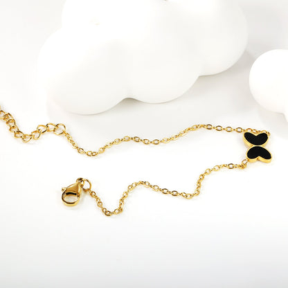 11.2*8mm Butterfly with White Shell/Black Yak/Pink Shell/Green Drip Oil Bracelet Cross Chain 0.4mm*17+3cm+6mm Round Tail Plaque Gold Color asonjewelry