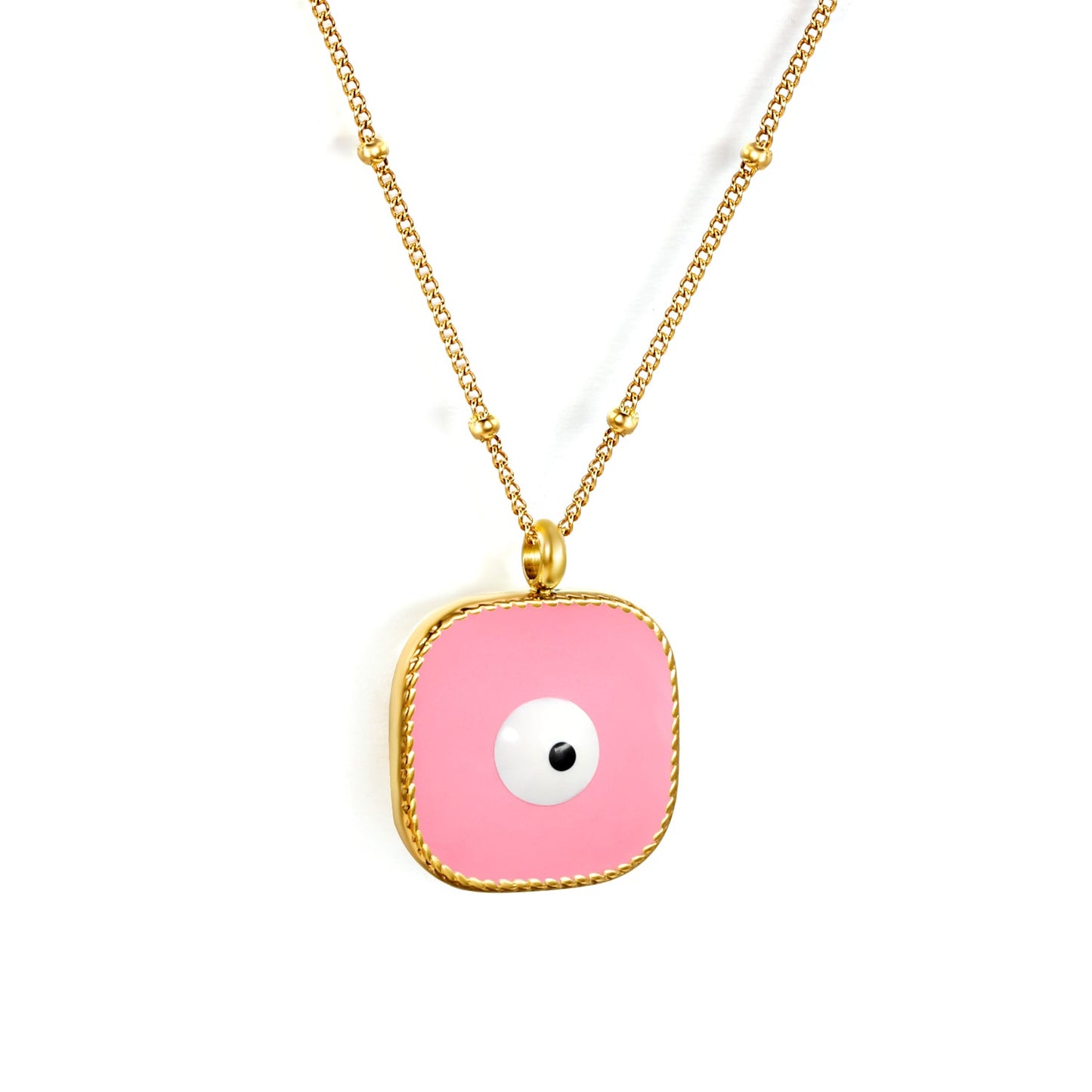 Welded 4mm circle + 16.5mm square green/white eyeball white/black/purple/red/blue/pink base oil drop pendant necklace 40+5cm+6mm round plate Gold color asonjewelry