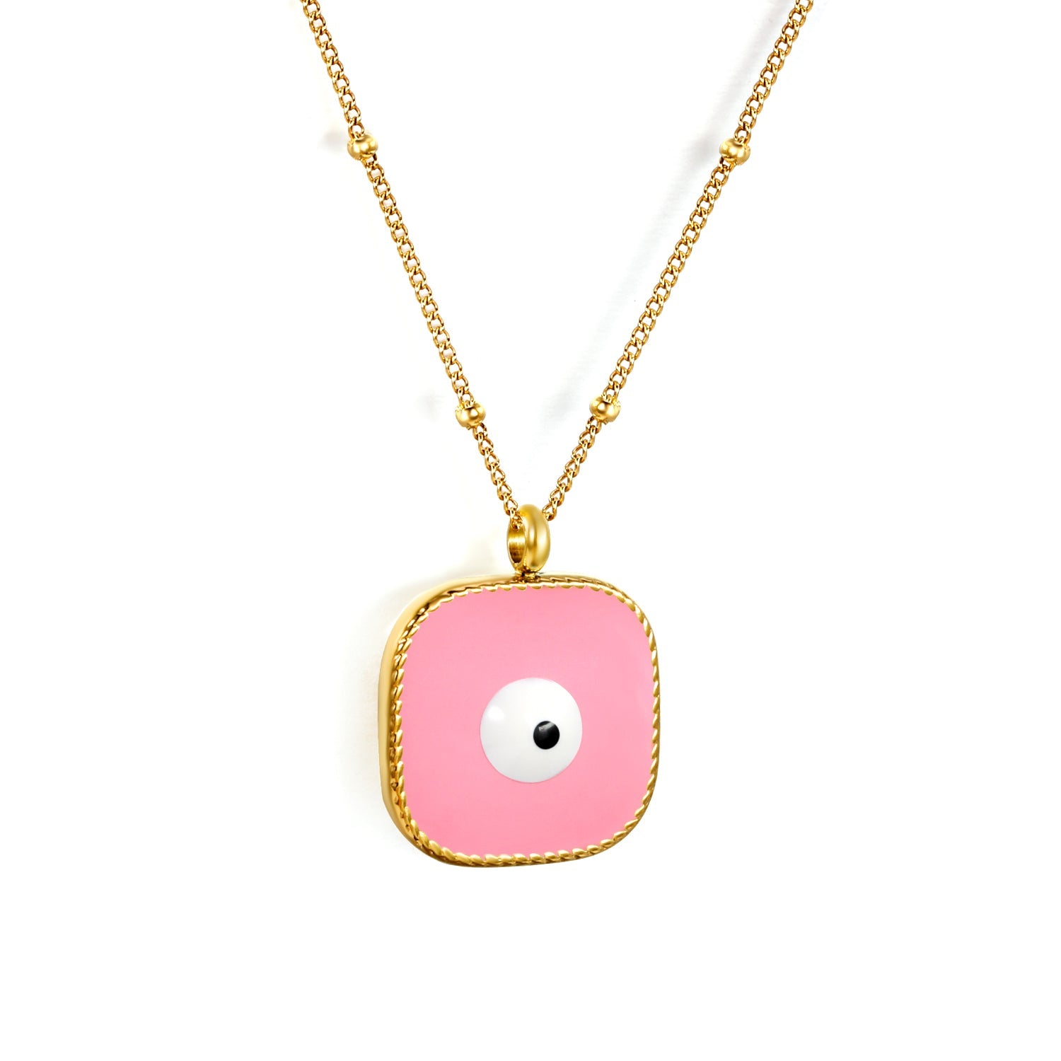 Welded 4mm circle + 16.5mm square green/white eyeball white/black/purple/red/blue/pink base oil drop pendant necklace 40+5cm+6mm round plate Gold color asonjewelry