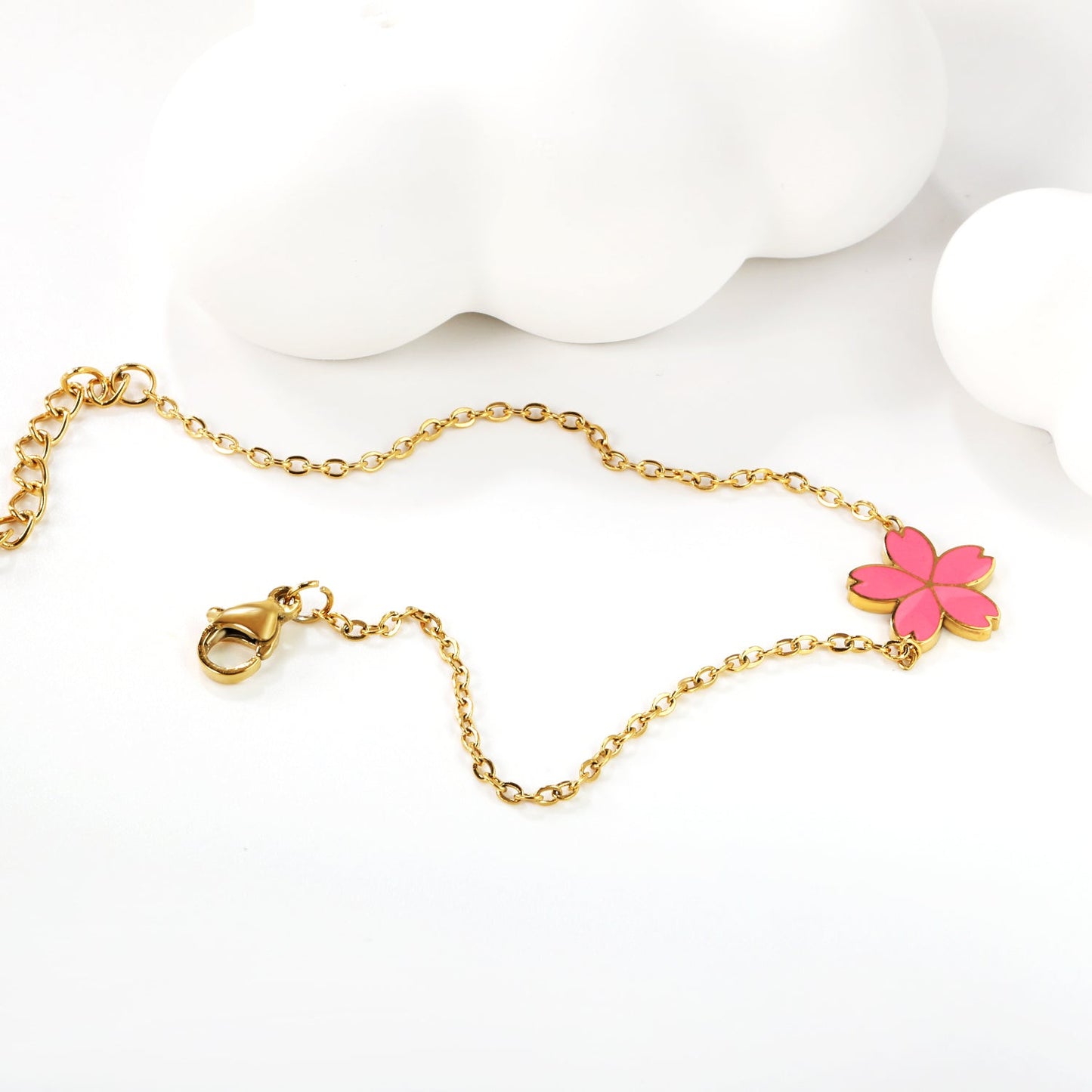 12mm Cherry Blossom with Pink Drip Oil Bracelet Cross 0.4mm*17+3cm+6mm Round Plaque GOLDEN asonjewelry