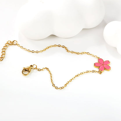 12mm Cherry Blossom with Pink Drip Oil Bracelet Cross 0.4mm*17+3cm+6mm Round Plaque GOLDEN asonjewelry