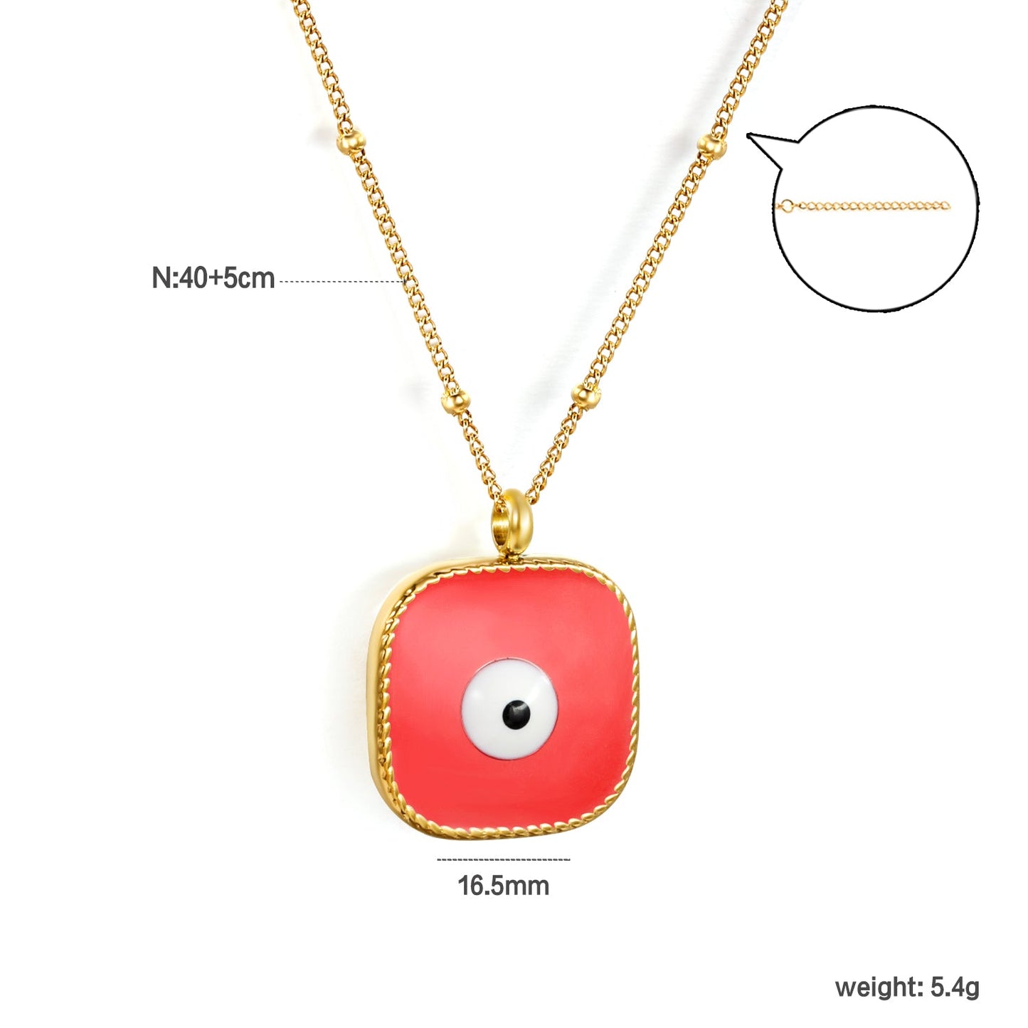 Welded 4mm circle + 16.5mm square green/white eyeball white/black/purple/red/blue/pink base oil drop pendant necklace 40+5cm+6mm round plate Gold color asonjewelry