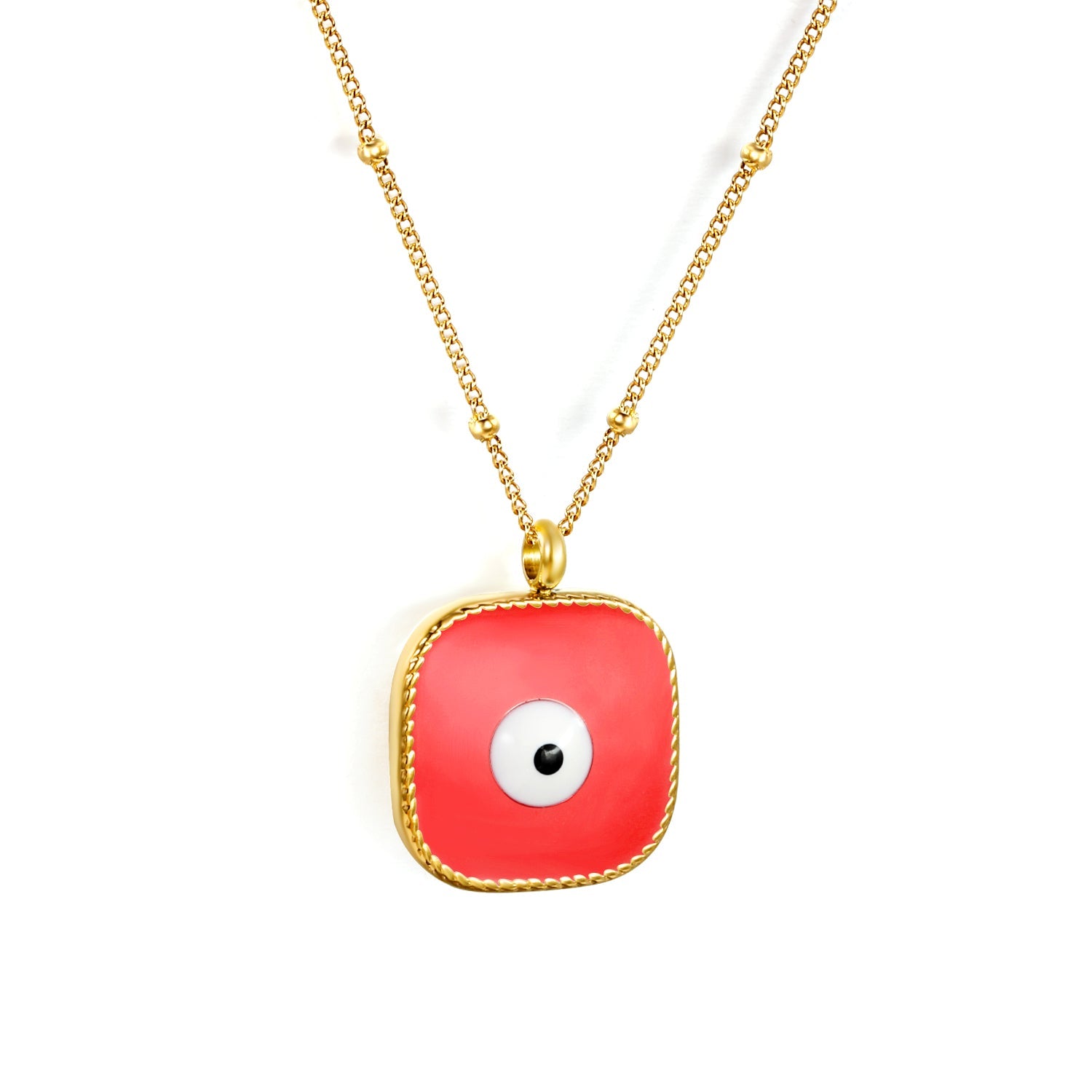 Welded 4mm circle + 16.5mm square green/white eyeball white/black/purple/red/blue/pink base oil drop pendant necklace 40+5cm+6mm round plate Gold color asonjewelry