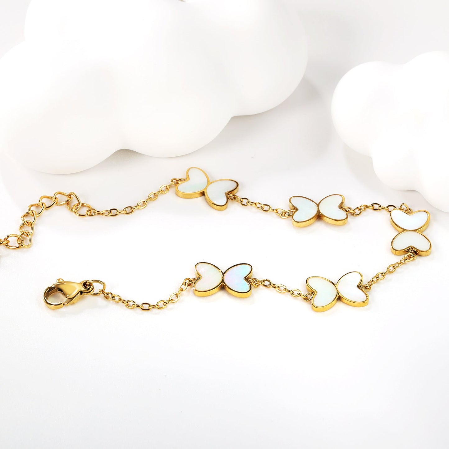 5pcs 11.2*8mm Butterfly with White Shell/Black Yak/Green Drip Oil Bracelet Cross Chain 0.4mm*17+3cm+6mm Round Plaque Gold Color asonjewelry