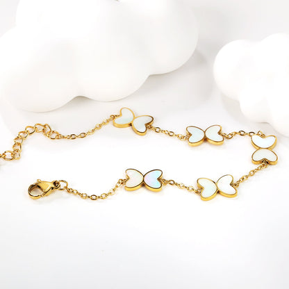 5pcs 11.2*8mm Butterfly with White Shell/Black Yak/Green Drip Oil Bracelet Cross Chain 0.4mm*17+3cm+6mm Round Plaque Gold Color asonjewelry