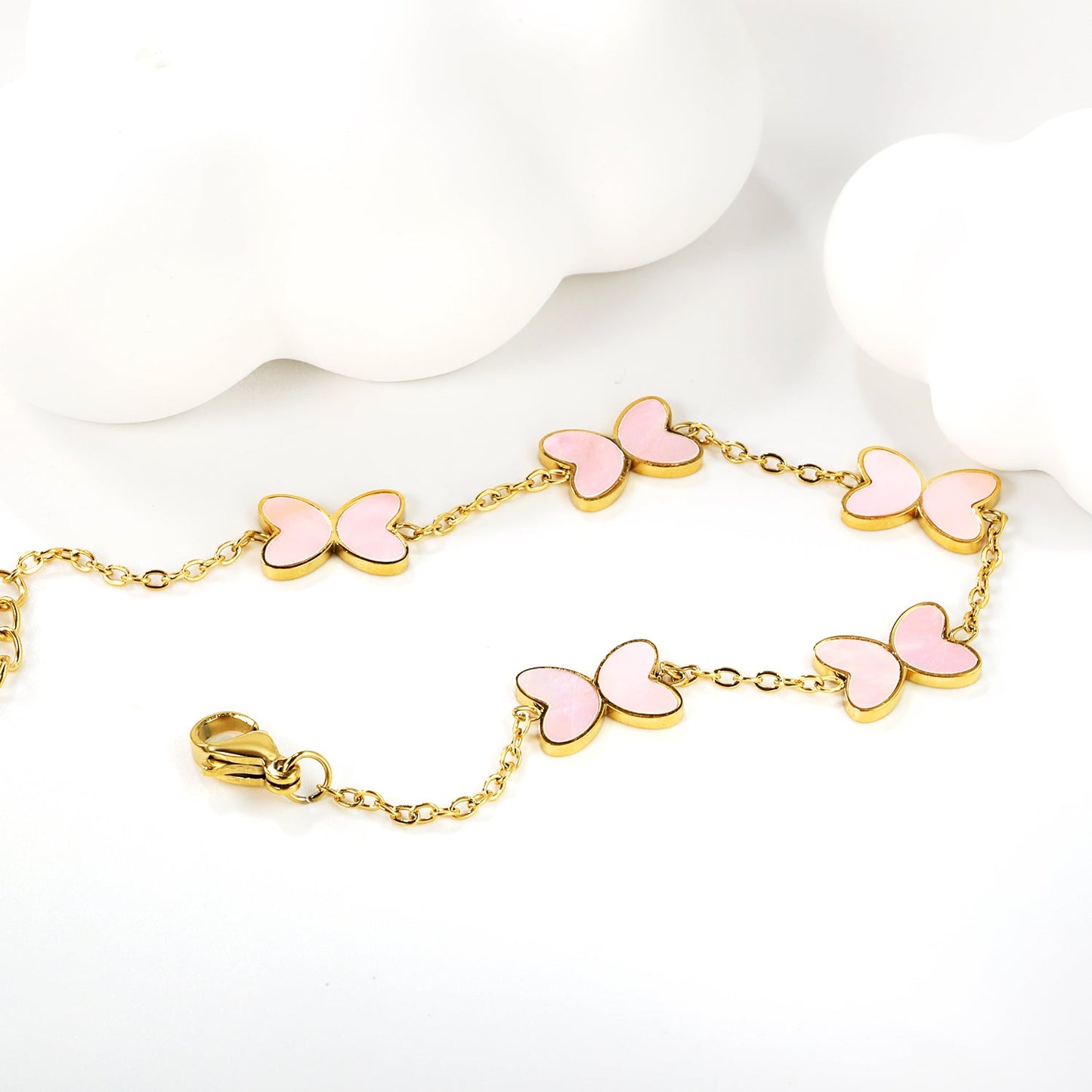 5pcs 11.2*8mm Butterfly with White Shell/Black Yak/Green Drip Oil Bracelet Cross Chain 0.4mm*17+3cm+6mm Round Plaque Gold Color asonjewelry