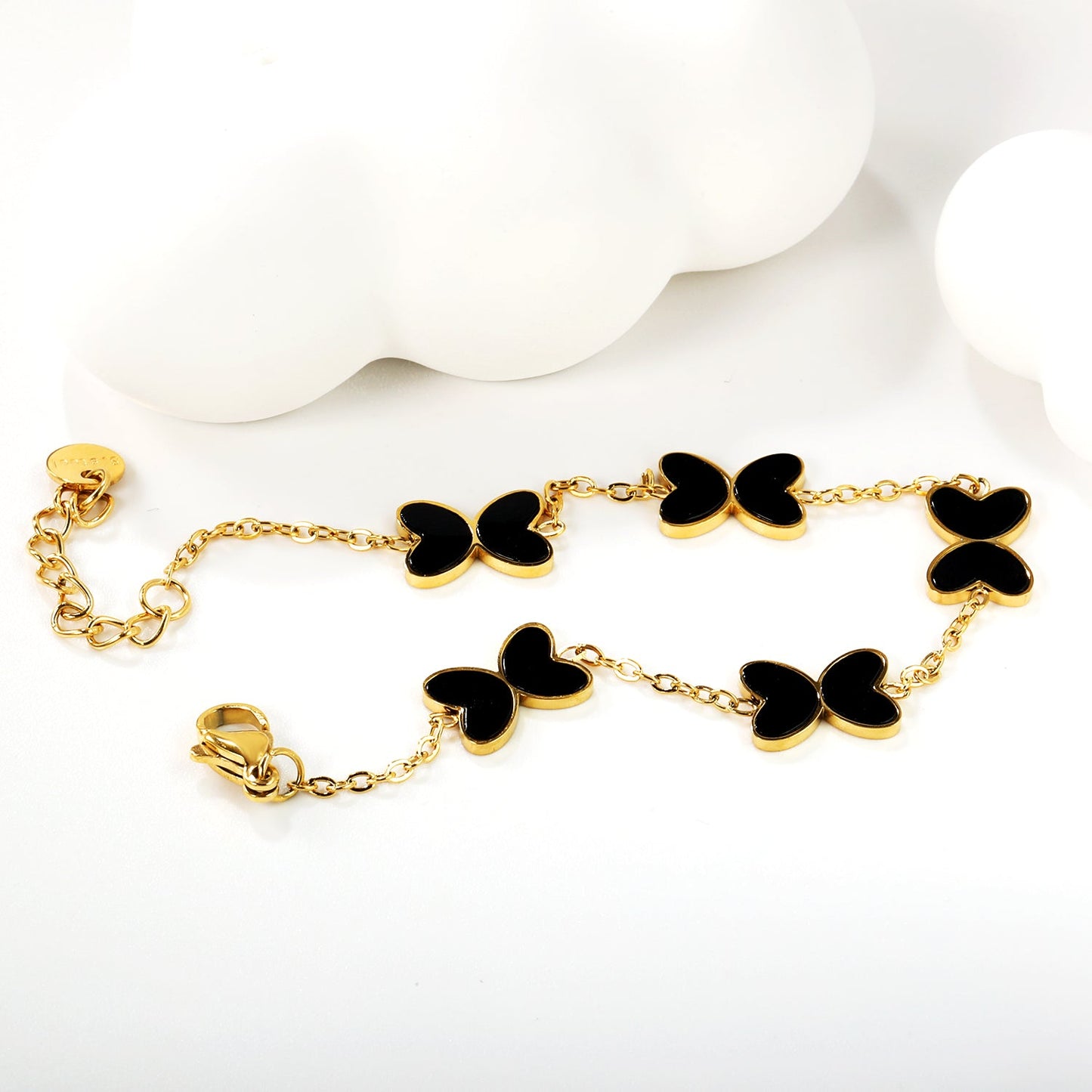 5pcs 11.2*8mm Butterfly with White Shell/Black Yak/Green Drip Oil Bracelet Cross Chain 0.4mm*17+3cm+6mm Round Plaque Gold Color asonjewelry