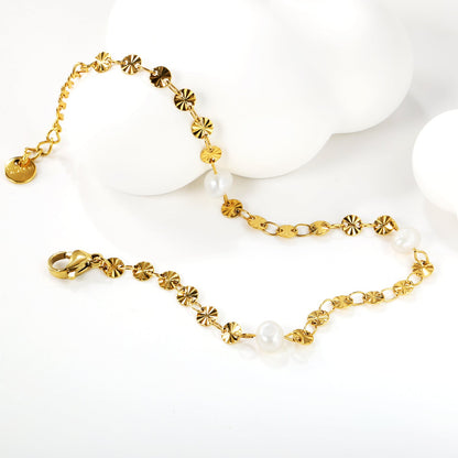 3pcs 5.8*4.6mm freshwater pearls+embossed round cake chain bracelet 17+3cm gold color asonjewelry
