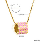 11*12mm hollow cylinder with light curry/pink/blue speckled oil drop pendant necklace 1.2 square pearl chain 40+5cm+6mm round piece gold color