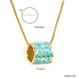 11*12mm hollow cylinder with light curry/pink/blue speckled oil drop pendant necklace 1.2 square pearl chain 40+5cm+6mm round piece gold color