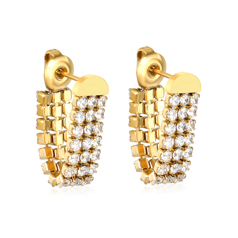 6.4*35.9mm three white diamond tassels earrings steel color/golden color