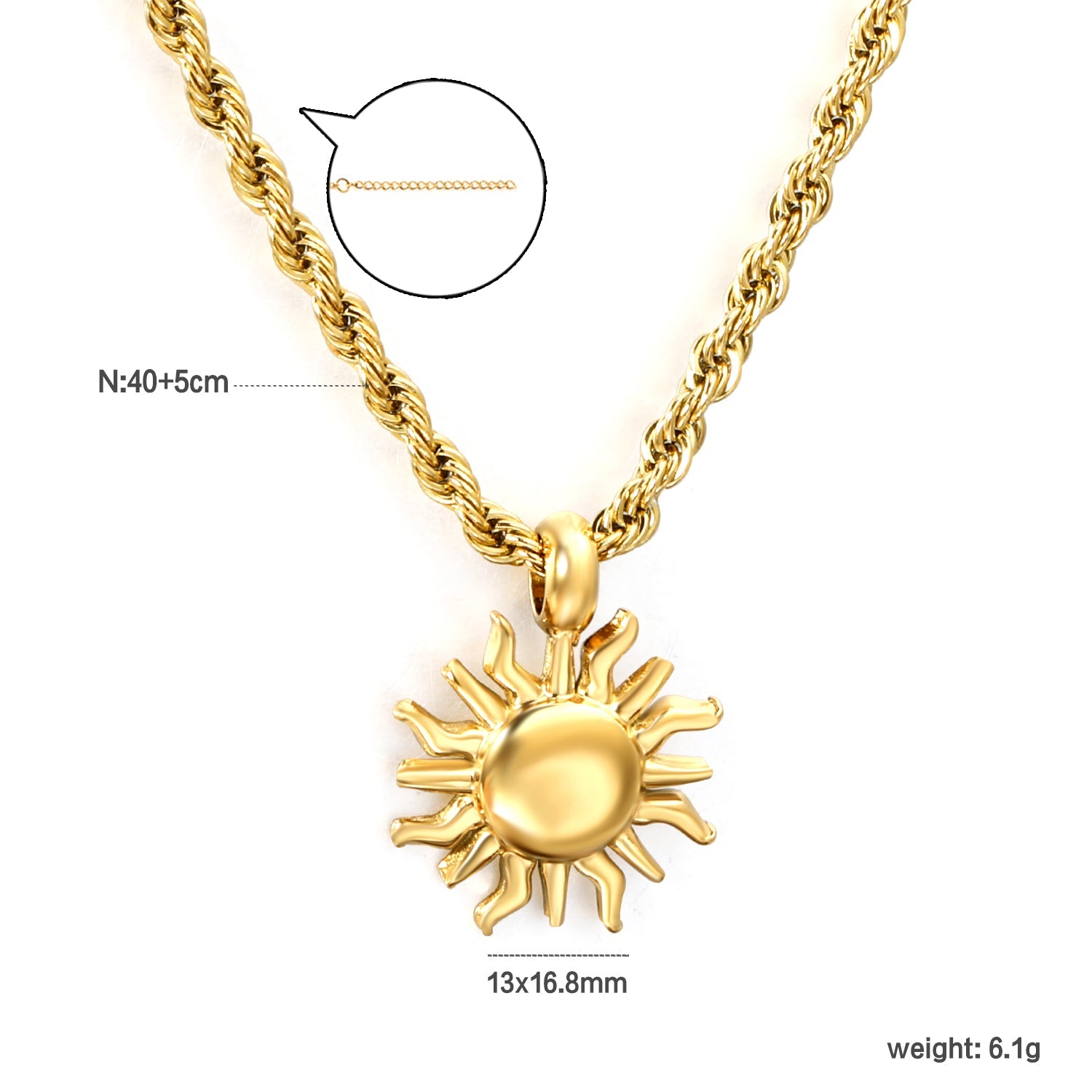 13*16.8mm Sun Pendant Necklace 40+5cm+6mm Round Plaque Gold Color asonjewelry